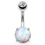 Prong Opal Belly Bar in 14K White Gold - Fixed (non-dangle) Belly Bar. Navel Rings Australia.