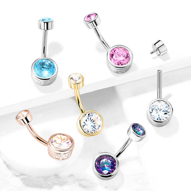 Flat Disc Internally Threaded Gem Belly Bar with Rose Gold Plating - Basic Curved Barbell. Navel Rings Australia.