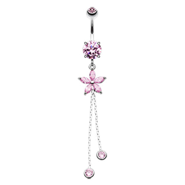 Bezelled Flower Chain Belly Dangle - Dangling Belly Ring. Navel Rings Australia.