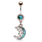 Purusha Sukta Mother of Pearl Inlay Belly Bar with Rose Gold Plating - Dangling Belly Ring. Navel Rings Australia.