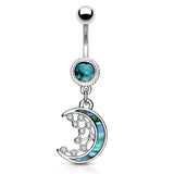 Purusha Sukta Mother of Pearl Inlay Belly Bar - Dangling Belly Ring. Navel Rings Australia.