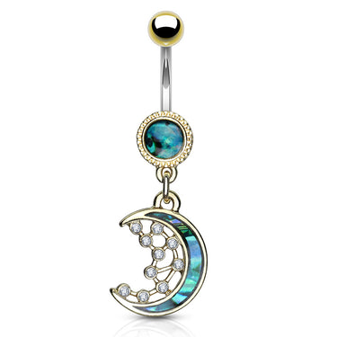 Purusha Sukta Mother of Pearl Inlay Belly Bar with Gold Plating - Dangling Belly Ring. Navel Rings Australia.