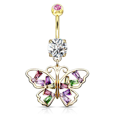 Crystal Stack Butterfly Belly Dangle with Gold Plating - Dangling Belly Ring. Navel Rings Australia.