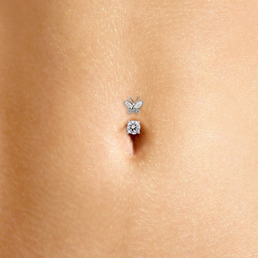 Maria Tash Butterfly Topped Solitaire Belly Ring in 14K White Gold - Fixed (non-dangle) Belly Bar. Navel Rings Australia.