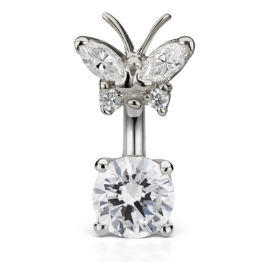 Maria Tash Butterfly Topped Solitaire Belly Ring in 14K White Gold - Fixed (non-dangle) Belly Bar. Navel Rings Australia.