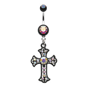 Scattered Jewelled Cross Belly Dangle - Dangling Belly Ring. Navel Rings Australia.