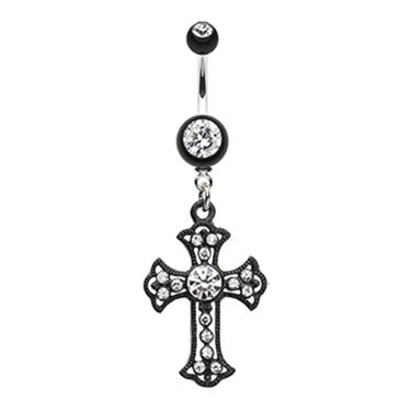 Scattered Jewelled Cross Belly Dangle - Dangling Belly Ring. Navel Rings Australia.