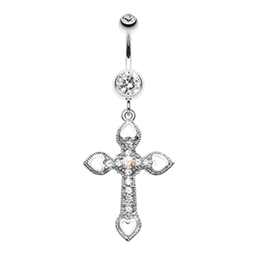 Hearted Byzantine Cross Navel Ring - Dangling Belly Ring. Navel Rings Australia.
