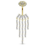 Crowned Ice Chandelier Belly Bar with Gold Plating - Dangling Belly Ring. Navel Rings Australia.