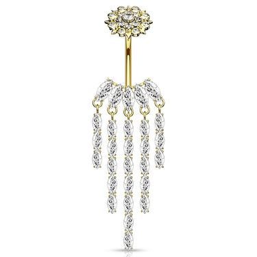 Crowned Ice Chandelier Belly Bar with Gold Plating - Dangling Belly Ring. Navel Rings Australia.