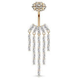 Crowned Ice Chandelier Belly Bar with Rose Gold Plating - Dangling Belly Ring. Navel Rings Australia.