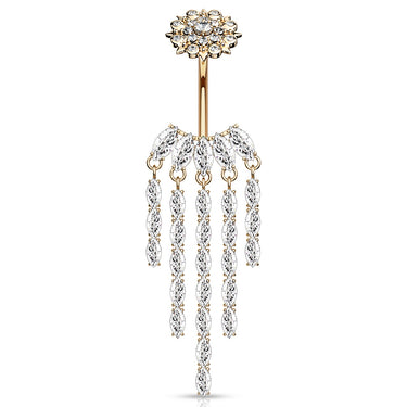 Crowned Ice Chandelier Belly Bar with Rose Gold Plating - Dangling Belly Ring. Navel Rings Australia.