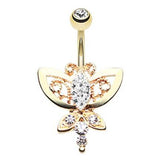 Diamanté Butterfly Navel Ring in Gold - Fixed (non-dangle) Belly Bar. Navel Rings Australia.