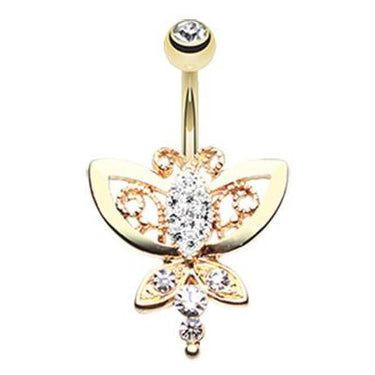 Diamanté Butterfly Navel Ring in Gold - Fixed (non-dangle) Belly Bar. Navel Rings Australia.