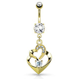 Duo Heart Belly Bar in 14K Gold - Dangling Belly Ring. Navel Rings Australia.