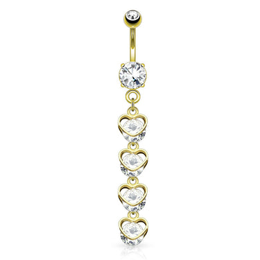 Collapsing Hearts Belly Bar with Gold Plating - Dangling Belly Ring. Navel Rings Australia.