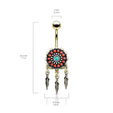 Beaded Nevajo Dream Catcher Belly Ring in Gold - Dangling Belly Ring. Navel Rings Australia.