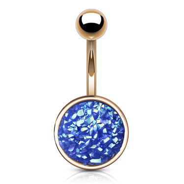 Druzy Resin Bezel Cup Belly Bars with Rose Gold Plating - Basic Curved Barbell. Navel Rings Australia.