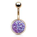 Druzy Resin Bezel Cup Belly Bars with Rose Gold Plating - Basic Curved Barbell. Navel Rings Australia.