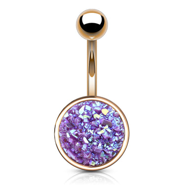 Druzy Resin Bezel Cup Belly Bars with Rose Gold Plating - Basic Curved Barbell. Navel Rings Australia.