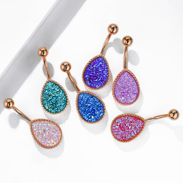 Drippin' Druzy Resin Teardrop Belly Bar with Rose Gold Plating - Basic Curved Barbell. Navel Rings Australia.