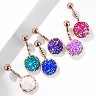 Druzy Resin Bezel Cup Belly Bars with Rose Gold Plating - Basic Curved Barbell. Navel Rings Australia.