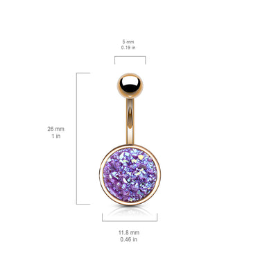 Druzy Resin Bezel Cup Belly Bars with Rose Gold Plating - Basic Curved Barbell. Navel Rings Australia.