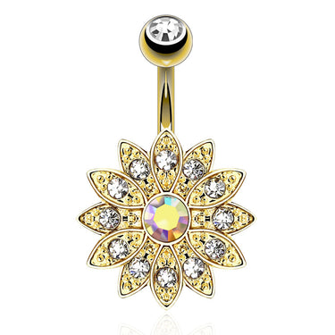 Gold Plated Vintage Antique Flower Burst - Fixed (non-dangle) Belly Bar. Navel Rings Australia.