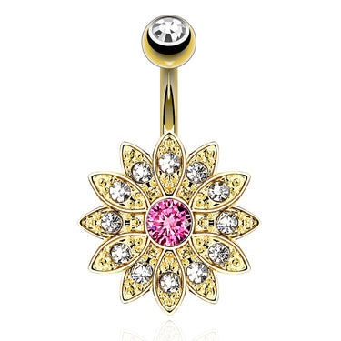Gold Plated Vintage Antique Flower Burst - Fixed (non-dangle) Belly Bar. Navel Rings Australia.