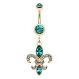 Fleur De Lis Navel Bar in Yellow Gold - Dangling Belly Ring. Navel Rings Australia.