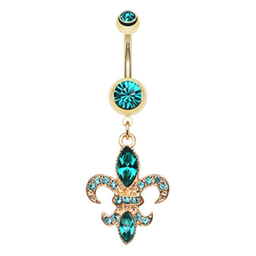 Fleur De Lis Navel Bar in Yellow Gold - Dangling Belly Ring. Navel Rings Australia.