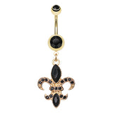 Fleur De Lis Navel Bar in Yellow Gold - Dangling Belly Ring. Navel Rings Australia.