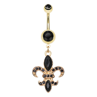 Fleur De Lis Navel Bar in Yellow Gold - Dangling Belly Ring. Navel Rings Australia.