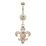 Fleur De Lis Navel Bar in Yellow Gold - Dangling Belly Ring. Navel Rings Australia.