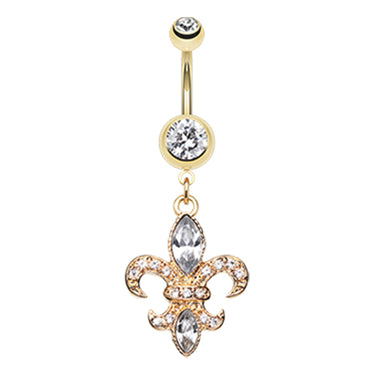 Fleur De Lis Navel Bar in Yellow Gold - Dangling Belly Ring. Navel Rings Australia.