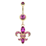 Fleur De Lis Navel Bar in Yellow Gold - Dangling Belly Ring. Navel Rings Australia.