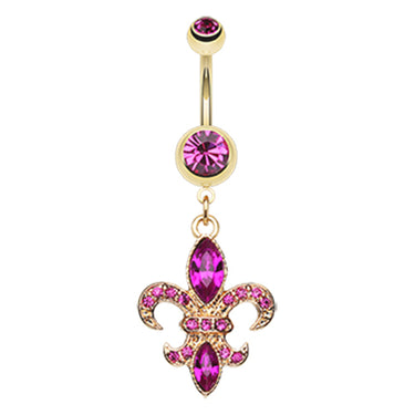 Fleur De Lis Navel Bar in Yellow Gold - Dangling Belly Ring. Navel Rings Australia.