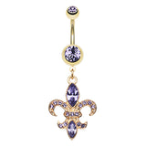 Fleur De Lis Navel Bar in Yellow Gold - Dangling Belly Ring. Navel Rings Australia.