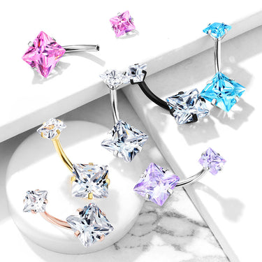 Internally Threaded Square Prong Set Belly Bar - Fixed (non-dangle) Belly Bar. Navel Rings Australia.