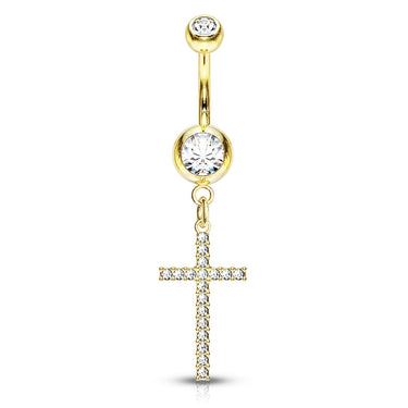 Adriel's Glittering Cross Belly Ring with Gold Plating - Dangling Belly Ring. Navel Rings Australia.