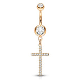 Adriel's Glittering Cross Belly Ring with Rose Gold Plating - Dangling Belly Ring. Navel Rings Australia.