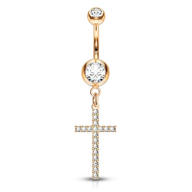 Adriel's Glittering Cross Belly Ring with Rose Gold Plating - Dangling Belly Ring. Navel Rings Australia.