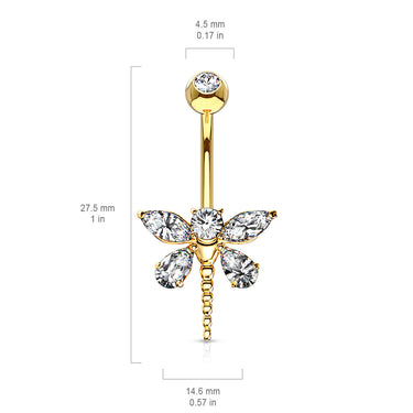 Marquise Dragonfly Belly Bar in 14K Gold - Fixed (non-dangle) Belly Bar. Navel Rings Australia.