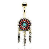 Beaded Nevajo Dream Catcher Belly Ring in Gold - Dangling Belly Ring. Navel Rings Australia.