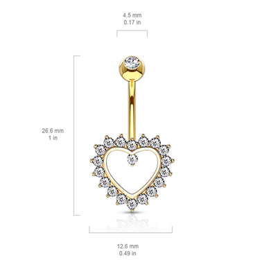 Taji Paved Heart Belly Ring in 14K Gold - Fixed (non-dangle) Belly Bar. Navel Rings Australia.