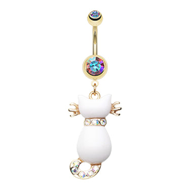 Audacious White Kitty Belly Ring in Gold - Dangling Belly Ring. Navel Rings Australia.