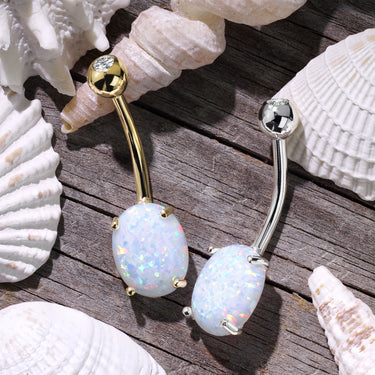 Classic Opal Belly Ring in 14K White Gold - Fixed (non-dangle) Belly Bar. Navel Rings Australia.