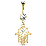 Hamsa Amulet Belly Bar with Gold Plating - Dangling Belly Ring. Navel Rings Australia.