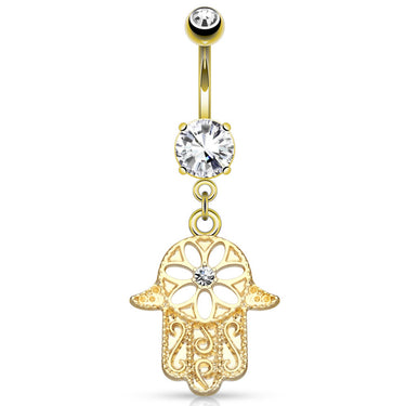Hamsa Amulet Belly Bar with Gold Plating - Dangling Belly Ring. Navel Rings Australia.