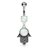 Opaline Hamsa Hand Belly Bar - Dangling Belly Ring. Navel Rings Australia.